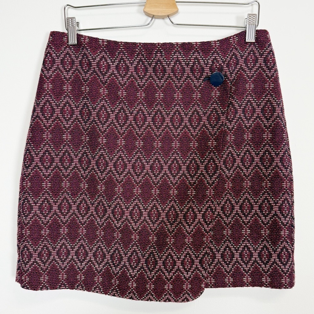 Loft Faux Wrap Skirt Womens 10 Red Multi Pattern Textured Cotton Blend
